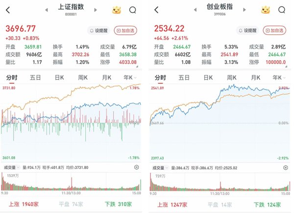 盈通配资 A股午后阔步上扬，沪指收盘憾失3700点：超4600股收涨，两市成交连续3日破2万亿